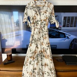Calvin Klein Floral Tie-Waist Maxi Dress - Cream with Olive & Tan Floral Print